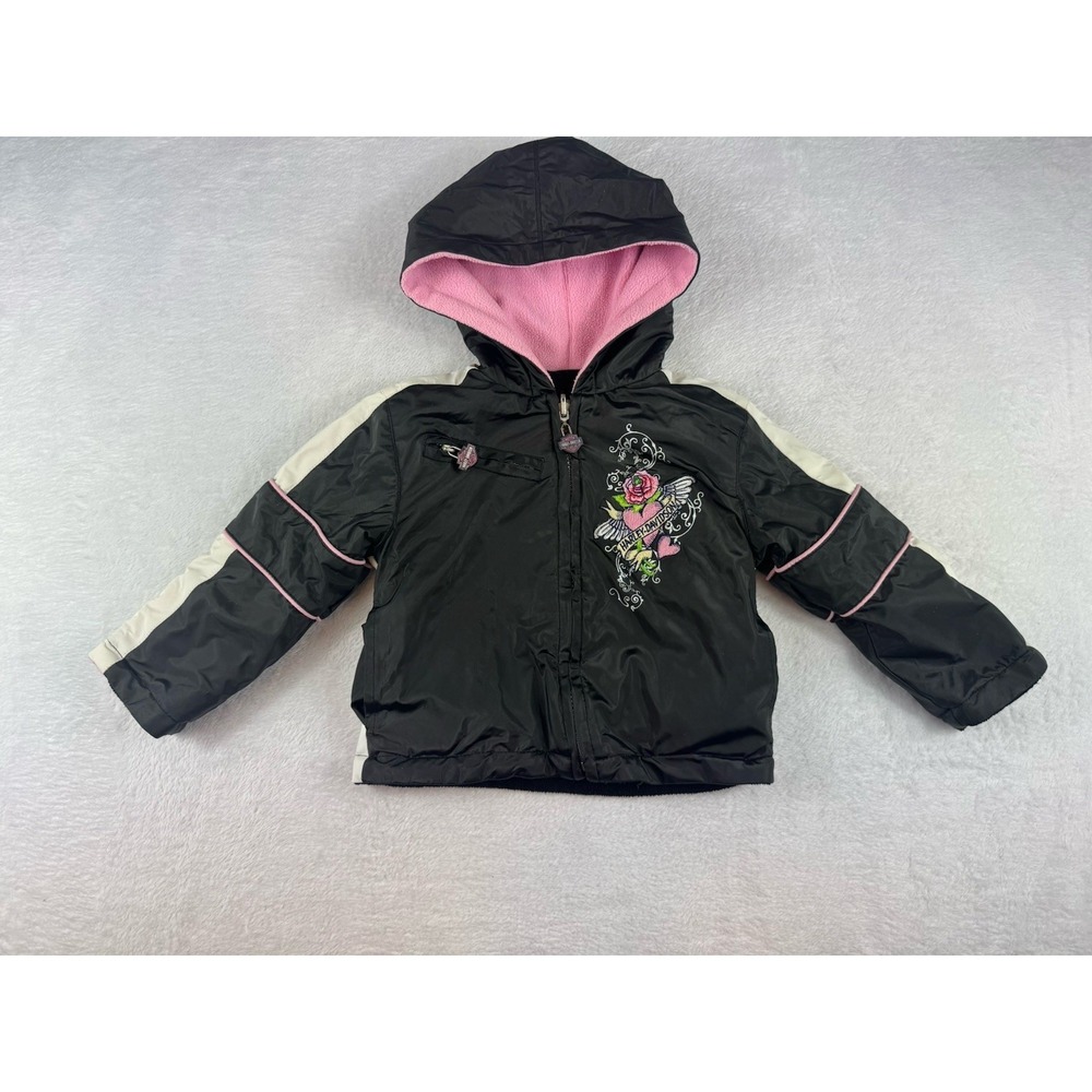 Harley-Davidson Girls Hood Jacket Fleece Lined Full Zip Black Pink Reversible 3t